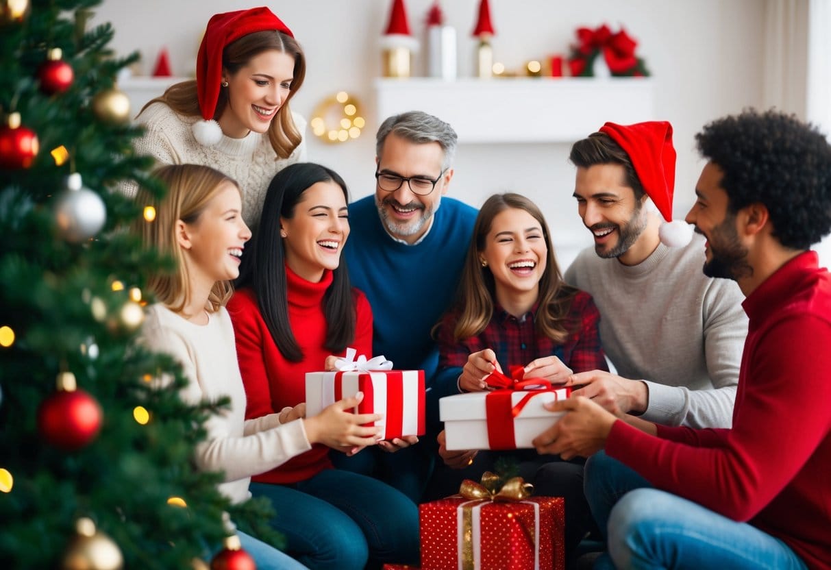 En familie samlet omkring et juletræ udveksler gaver og latter